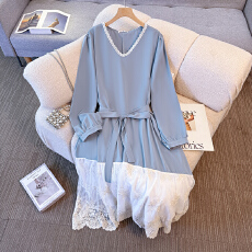 批发130-350斤大码女装胖mm春<b class='q'>秋</b>新款收腰蕾丝拼接温柔风V领减龄连衣裙