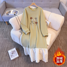批发130-350斤大码女装胖mm冬季新款加绒加厚假两件拼接设计感连衣裙