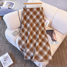 批发130-350斤大码女装胖mm<b class='q'>秋</b>冬新款优雅格纹毛呢半身裙高腰A字包臀裙