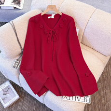 批发130-350斤大码女装胖mm秋冬元旦圣诞红色立体花朵针织打底衫毛衣