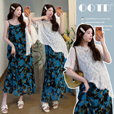 实拍现现 孕妇套装2026韩系温柔风不规则蕾丝上衣+蓝色碎花吊带裙