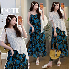 实拍现现 孕妇套装2026韩系温柔风不规则蕾丝上衣+蓝色碎花吊带裙