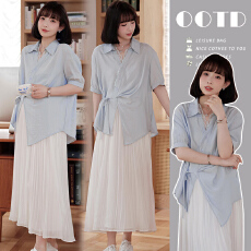 批发孕妇套装2026夏季新款薄款蕾丝衬衫拼接+猪鼻扣半身裙