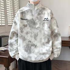 批发扎染做旧立领卫衣男生<b class='q'>秋</b>季潮流半拉链高品质上衣青少年拼接外套