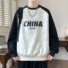 批发美式休闲字母印花撞色拼接卫衣男秋季街头宽松百搭圆领插肩袖上衣