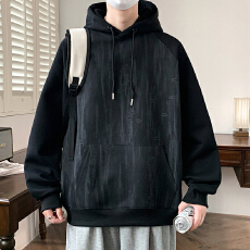 批发<b class='q'>港风</b>文艺男重磅黑色拼接连帽卫衣男春秋2025新款男生帽衫外套