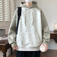 批发卫衣男2025秋季新款重磅插肩袖套头衫男款宽松拼接连帽<b class='q'>外套</b>上衣