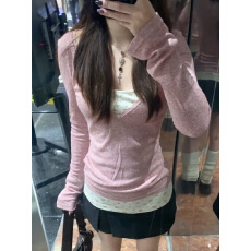 批发原版面料韩系甜美蕾丝碎花假两件长袖t恤女春内搭打底衫修身上衣