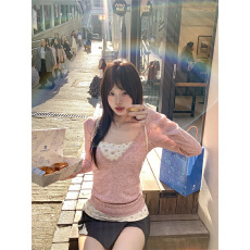 批发原版面料韩系长袖t恤女春秋季内搭打底衫假两件碎花正肩修身上衣