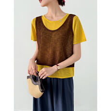 批发实拍~韩<b class='q'>系</b>假两件撞色针织短袖t恤女