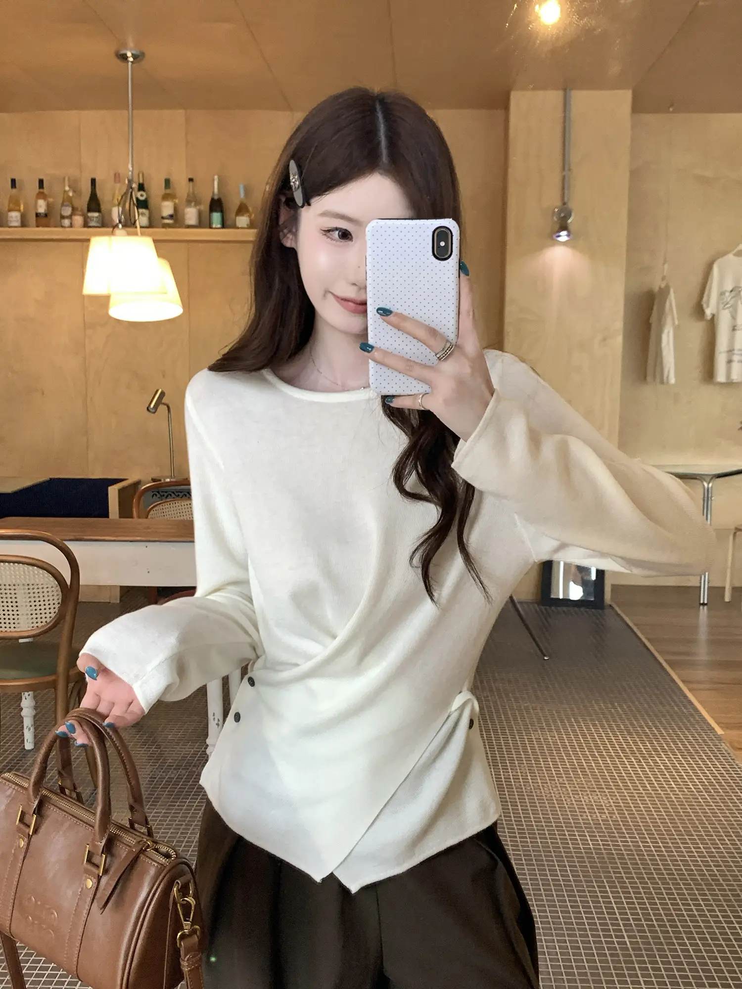 크로스 버튼 허리 조임 긴소매 티셔츠