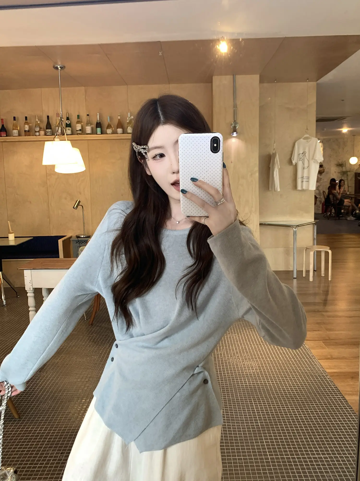 크로스 버튼 허리 조임 긴소매 티셔츠 상세 이미지 33