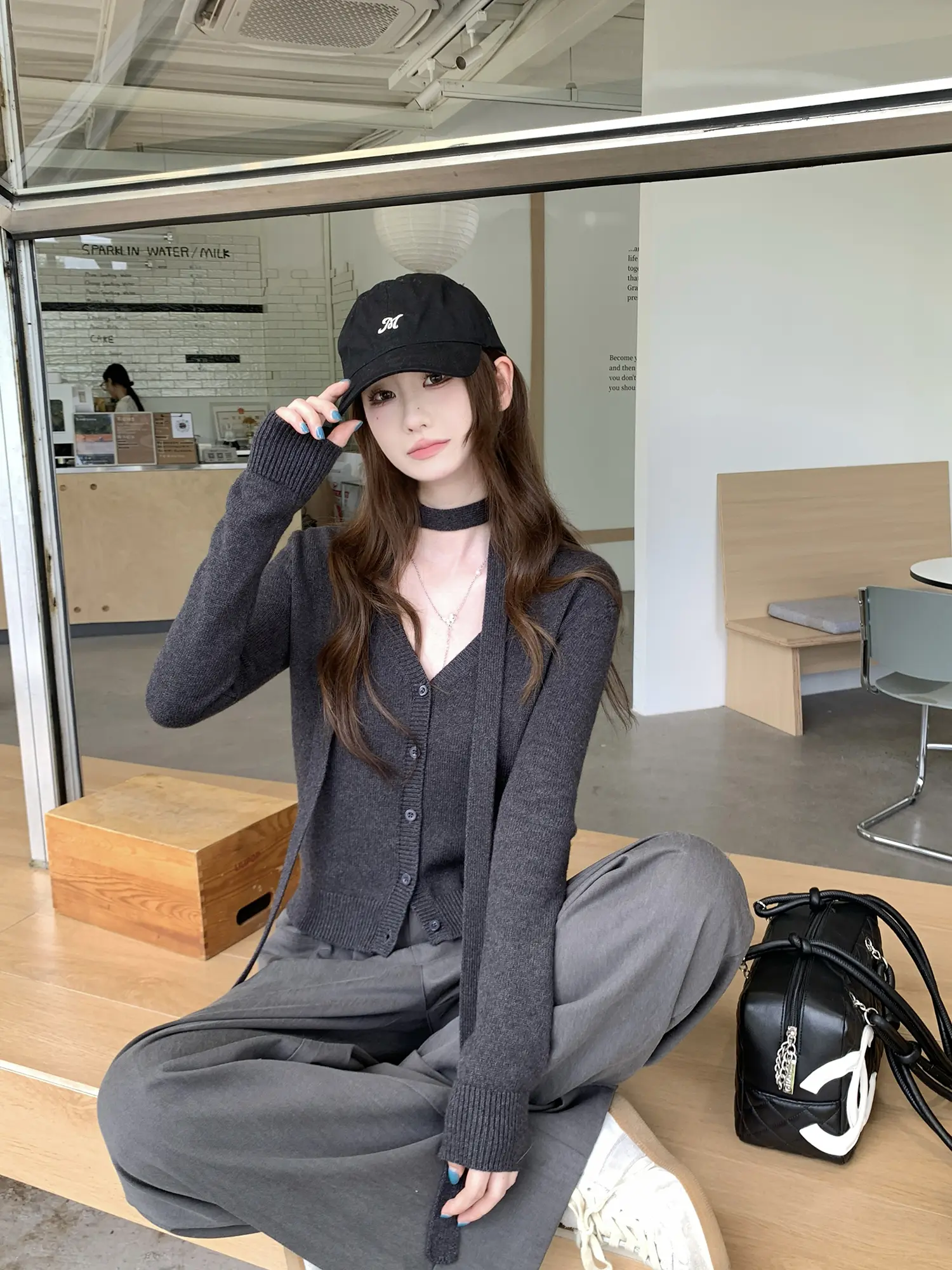홀터넥 리본 V넥 긴소매 니트 카디건