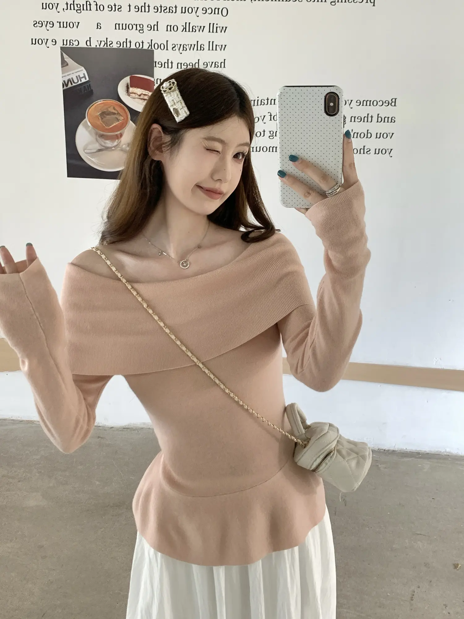 오프숄더 니트 허리 조임 여성용 상의 상세 이미지 3
