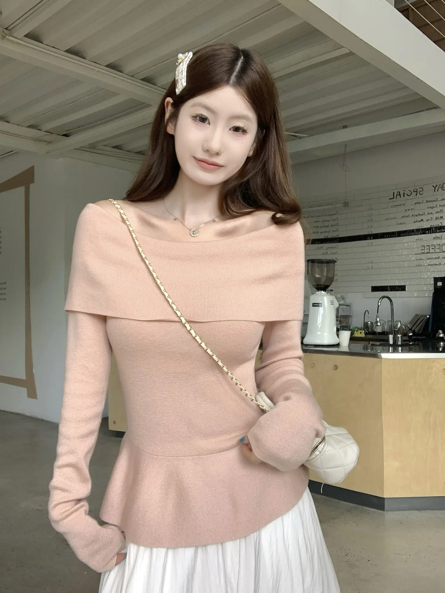 오프숄더 니트 허리 조임 여성용 상의 상세 이미지 7