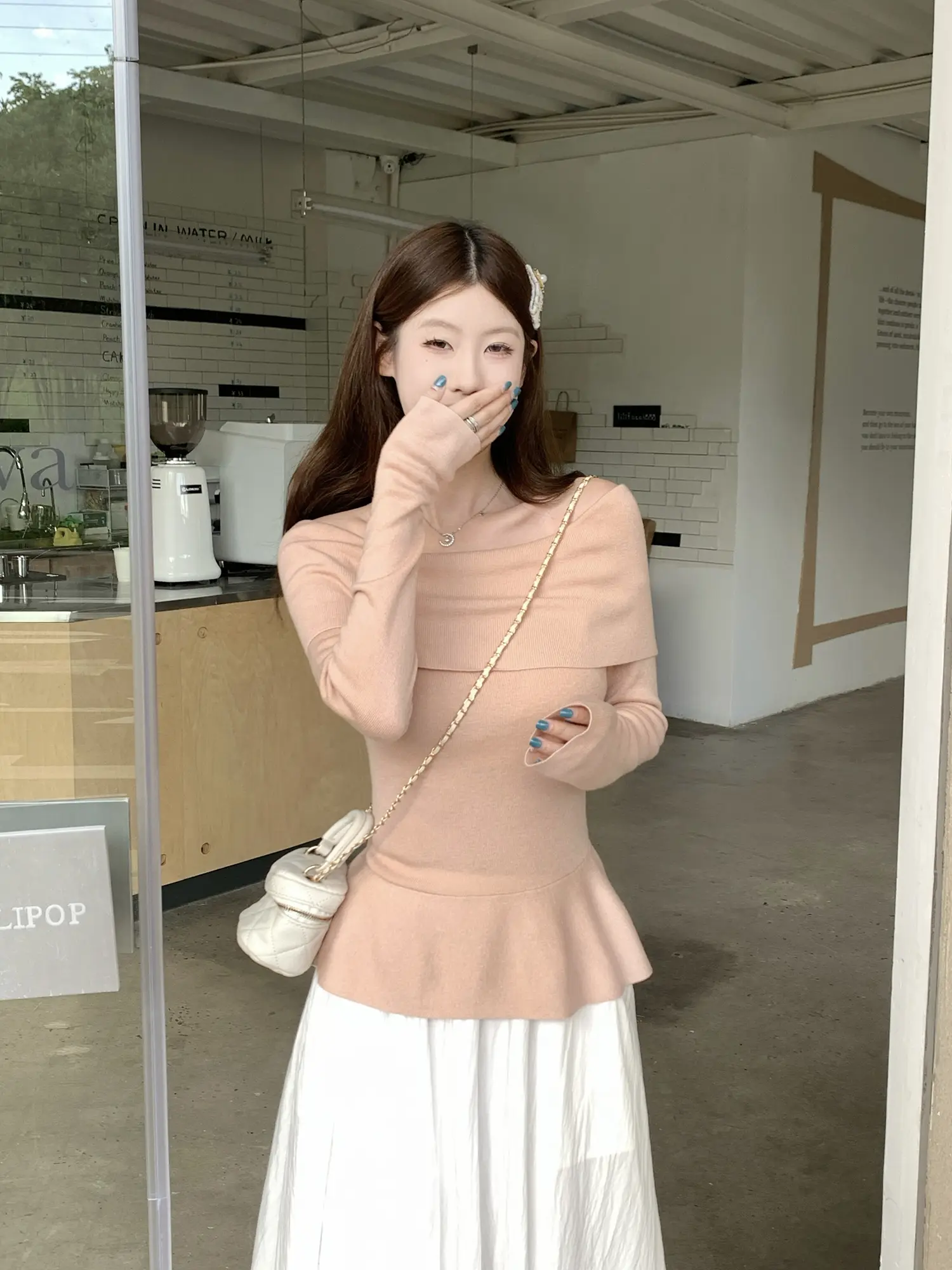 오프숄더 니트 허리 조임 여성용 상의 상세 이미지 9