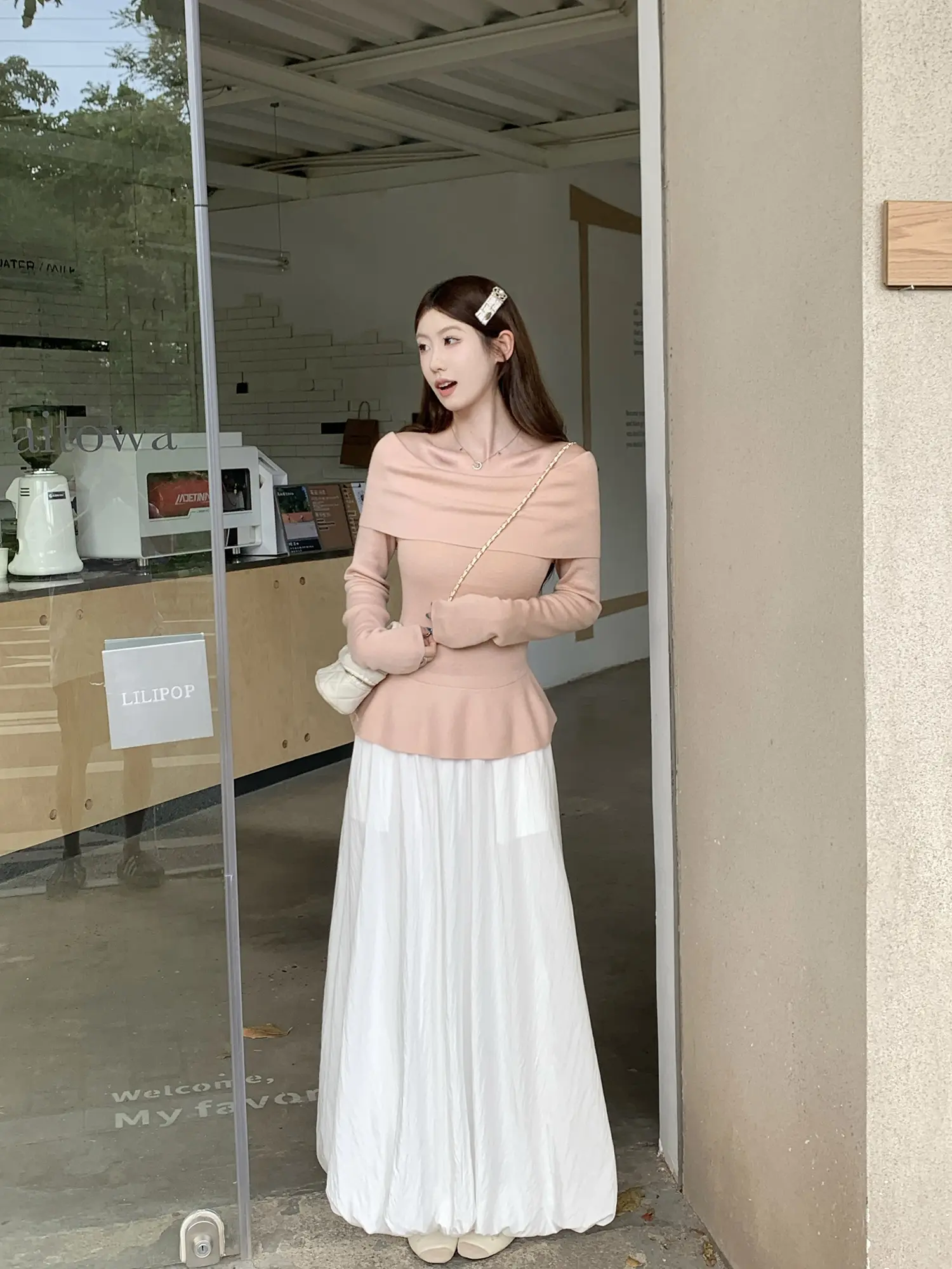 오프숄더 니트 허리 조임 여성용 상의 상세 이미지 10