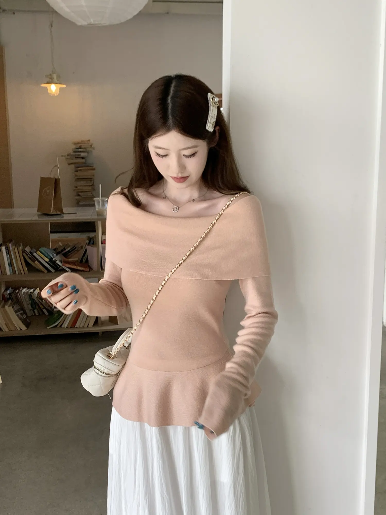 오프숄더 니트 허리 조임 여성용 상의 상세 이미지 12