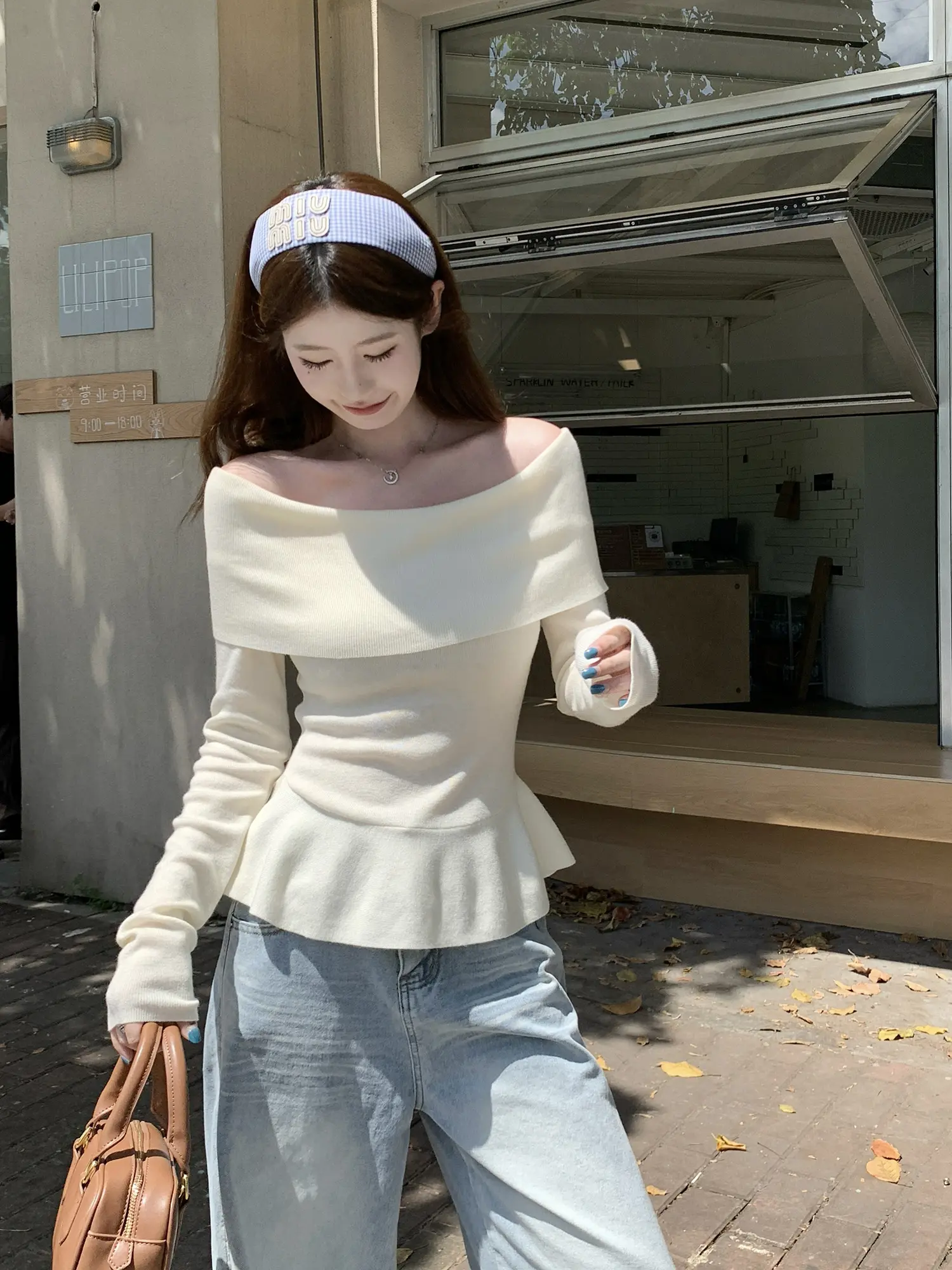오프숄더 니트 허리 조임 여성용 상의 상세 이미지 20