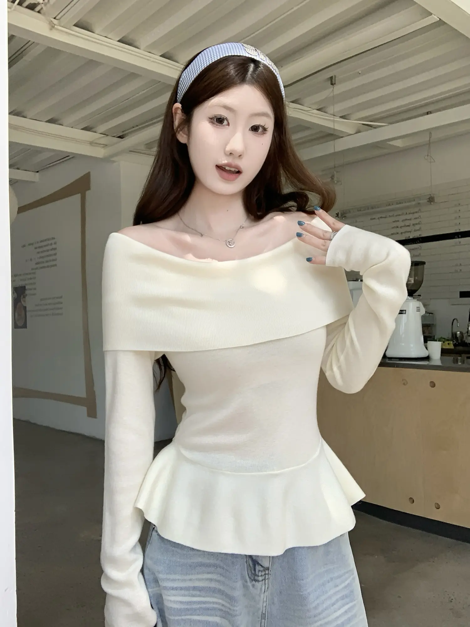 오프숄더 니트 허리 조임 여성용 상의 상세 이미지 24