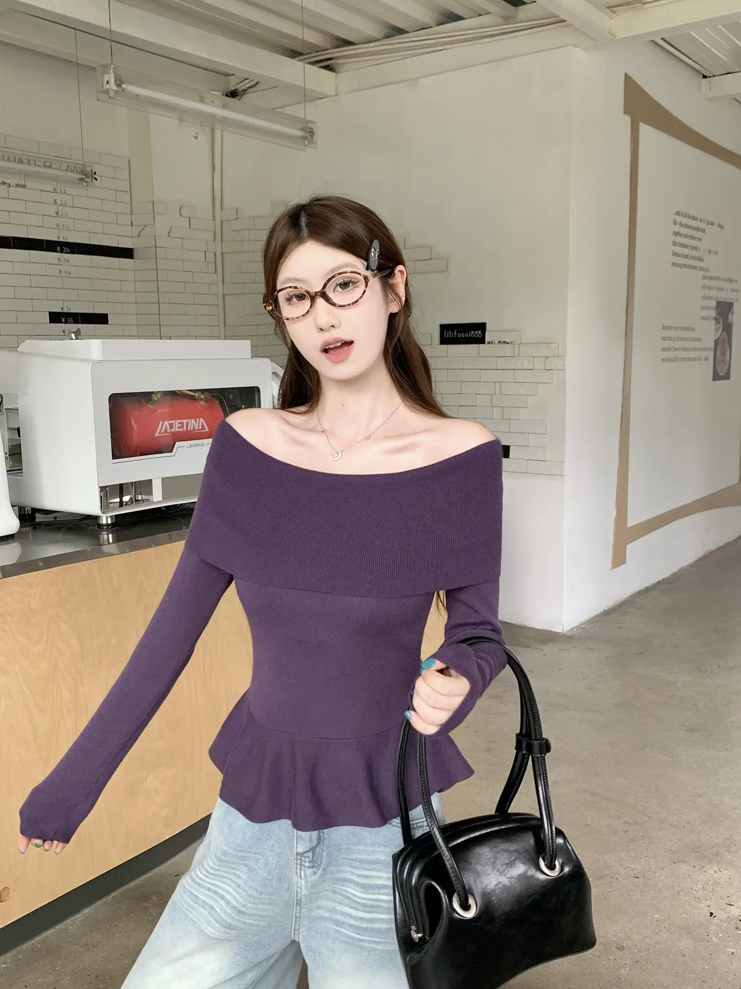 오프숄더 니트 허리 조임 여성용 상의 상세 이미지 36