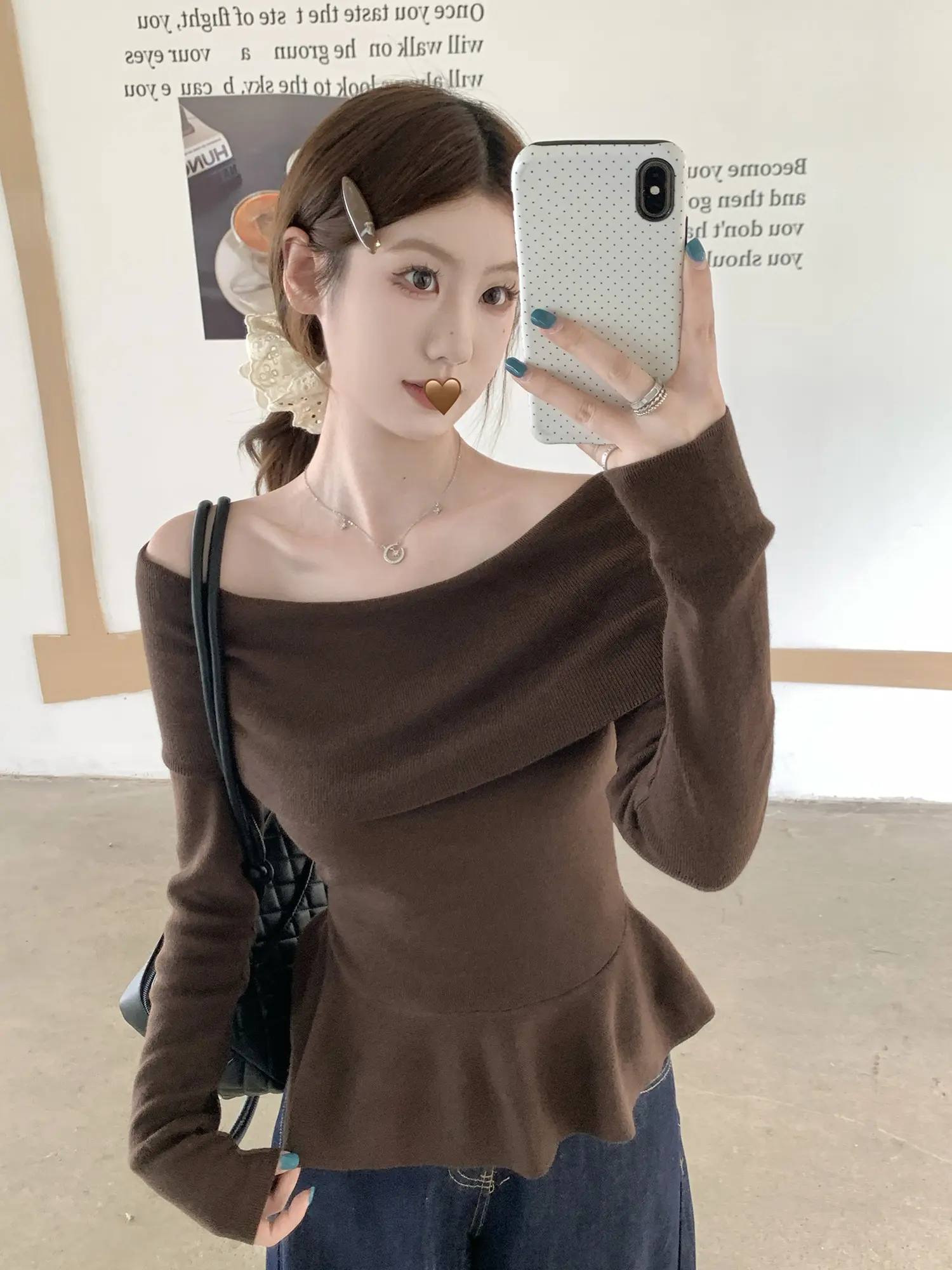 오프숄더 니트 허리 조임 여성용 상의 상세 이미지 39