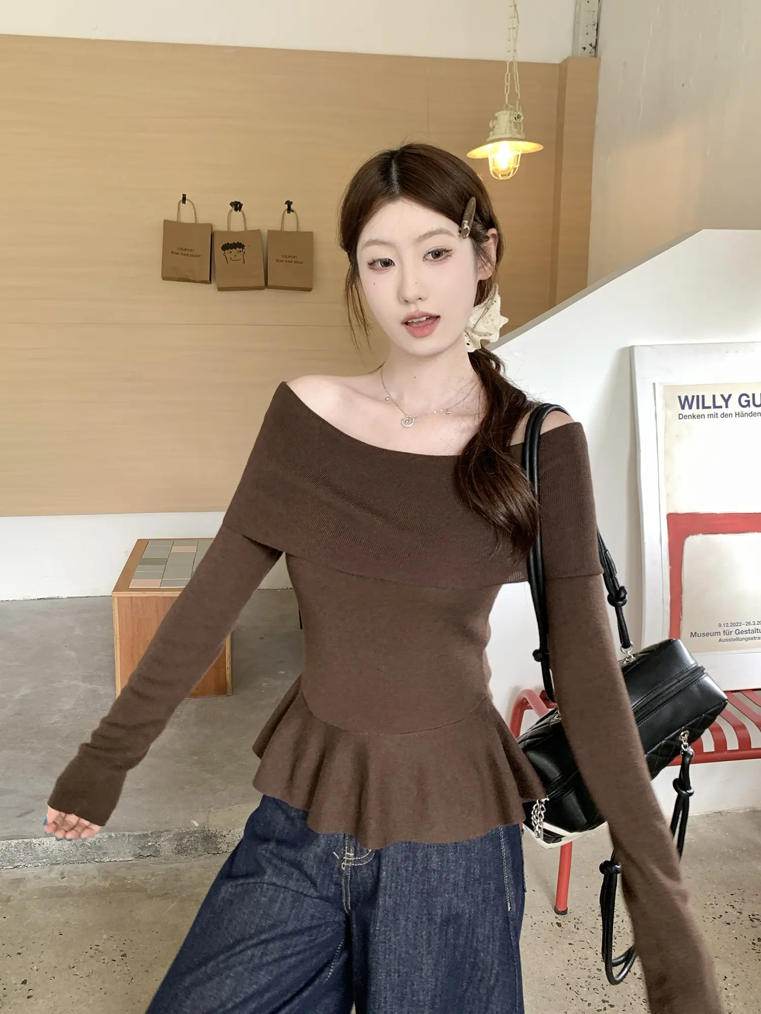 오프숄더 니트 허리 조임 여성용 상의 상세 이미지 41