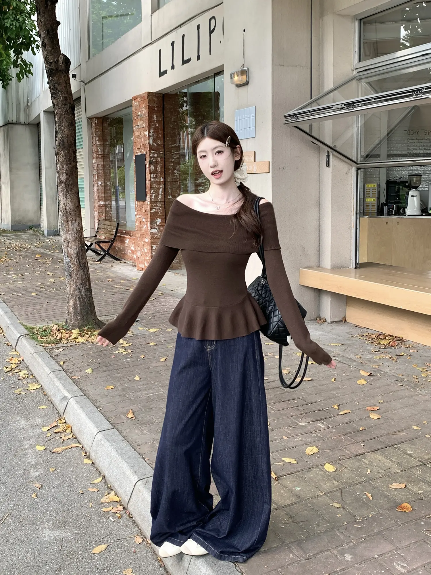 오프숄더 니트 허리 조임 여성용 상의 상세 이미지 43