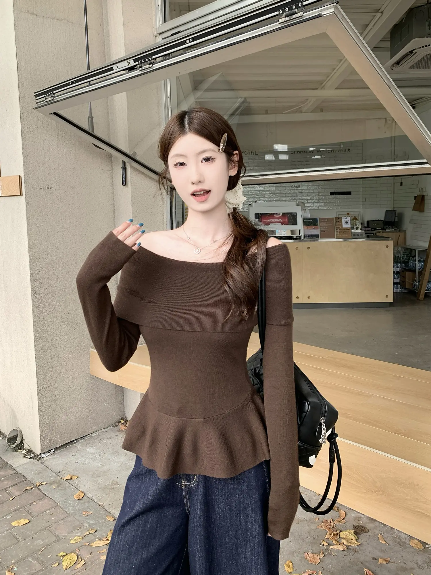 오프숄더 니트 허리 조임 여성용 상의 상세 이미지 44