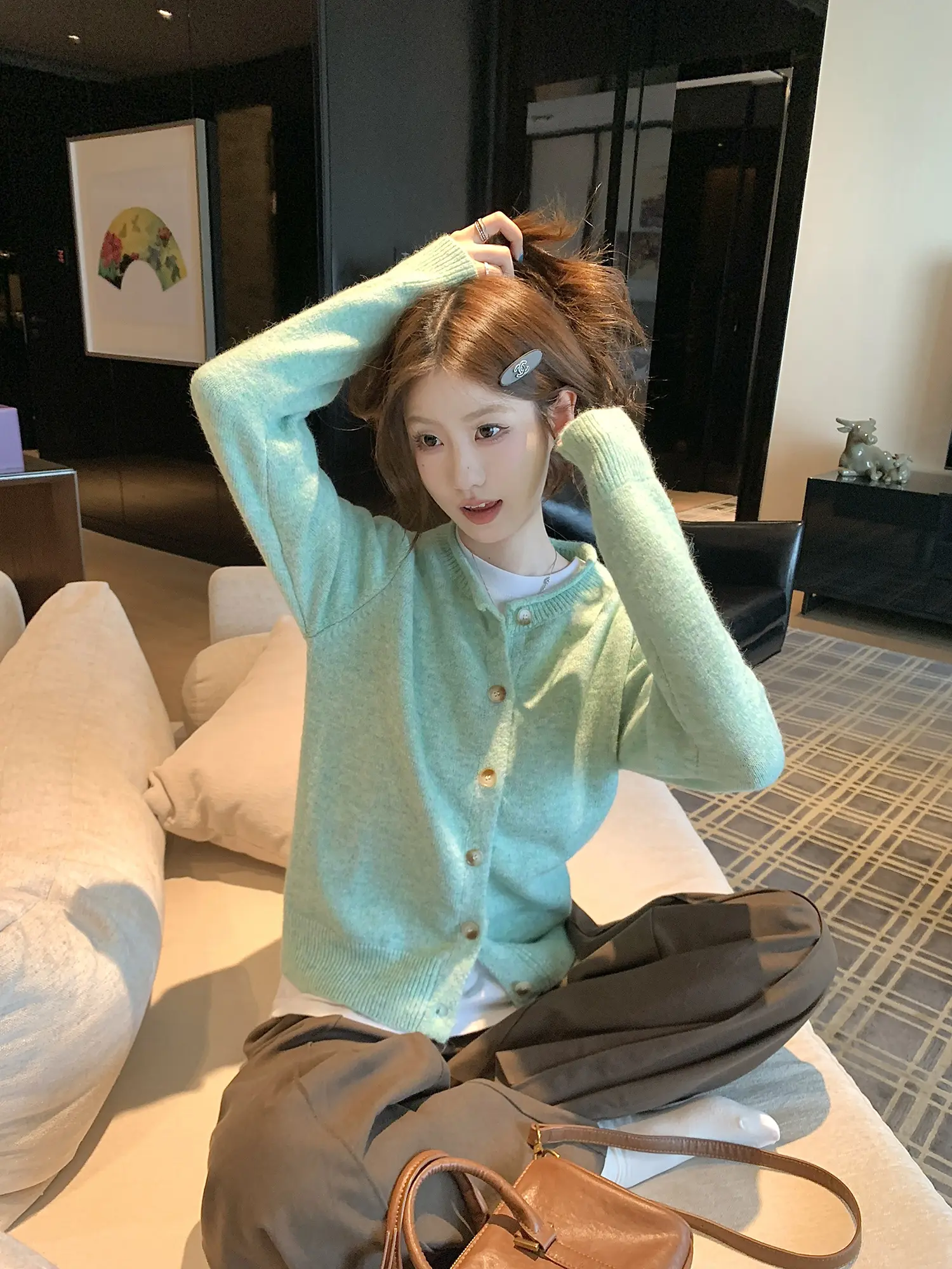 그린 샤넬풍 니트 카디건 상세 이미지 3