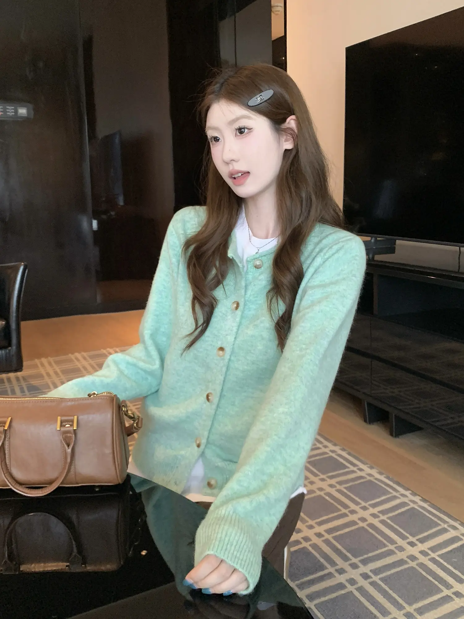 그린 샤넬풍 니트 카디건 상세 이미지 12