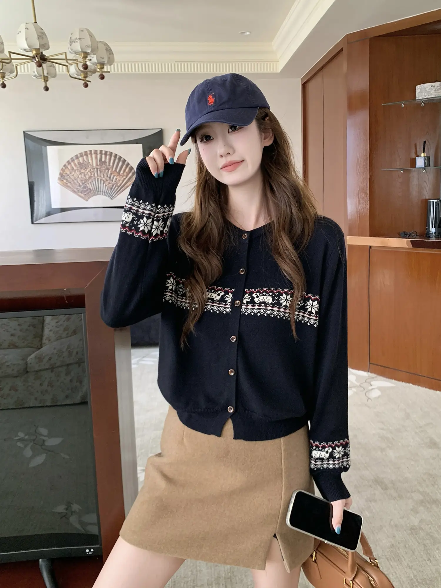자카드 니트 단추 카디건 상세 이미지 5