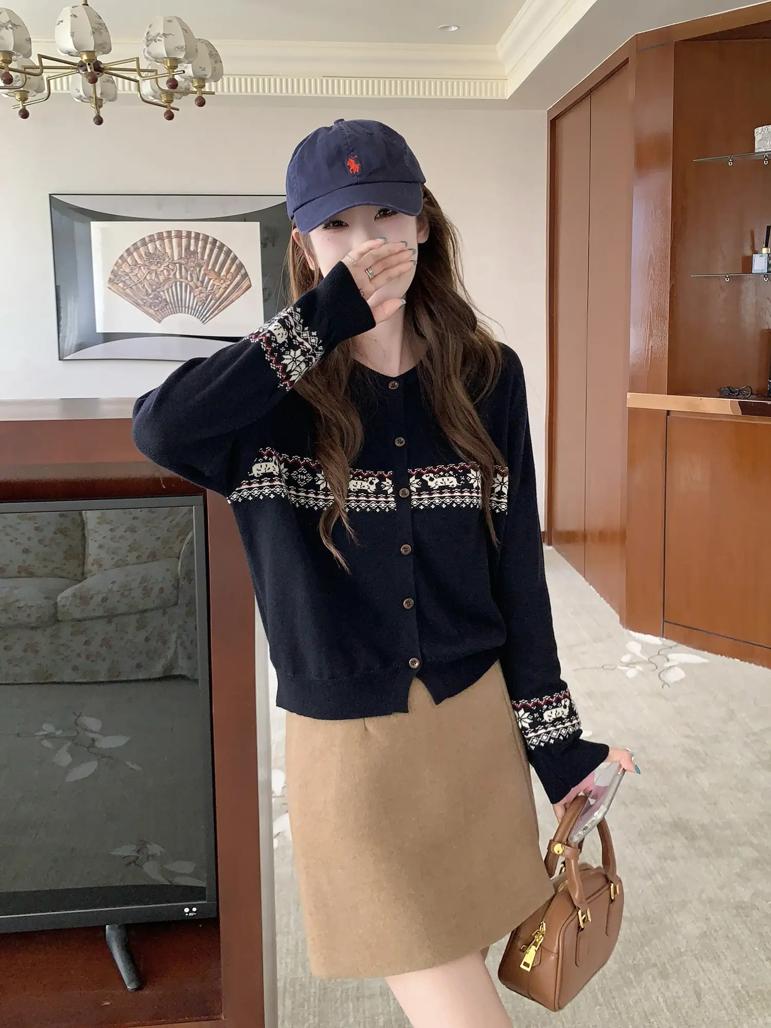 자카드 니트 단추 카디건 상세 이미지 6