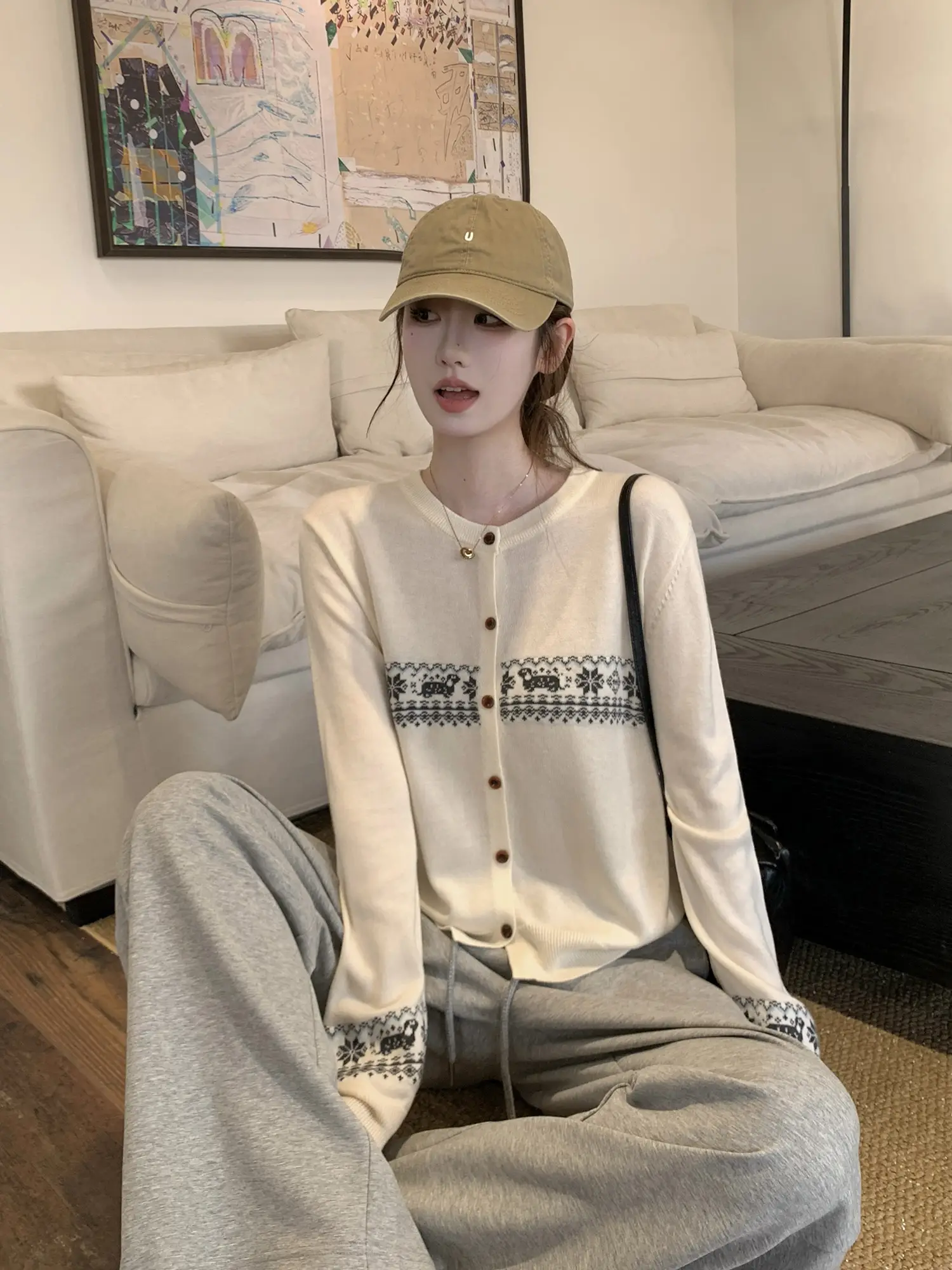 자카드 니트 단추 카디건 상세 이미지 22