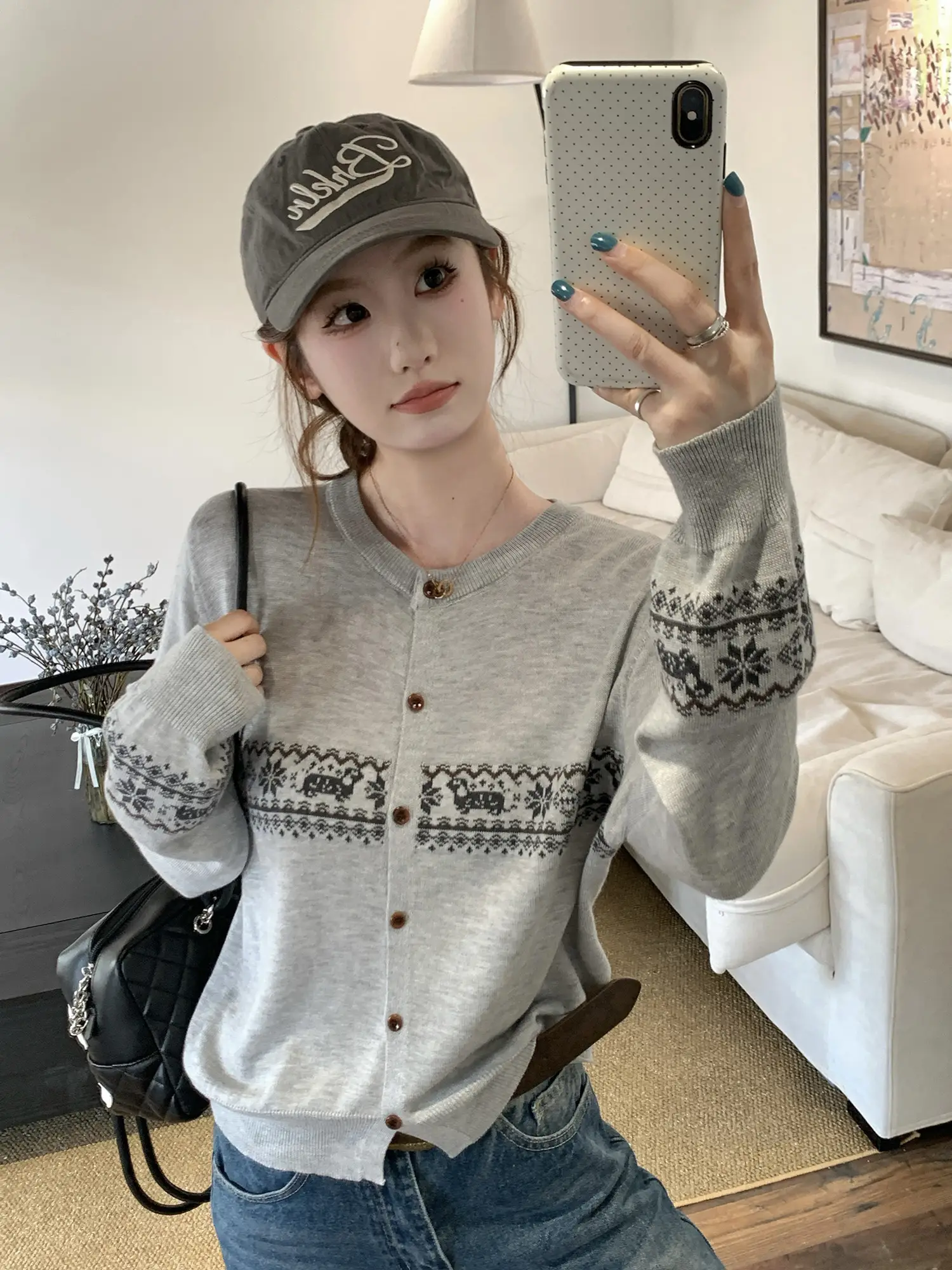 자카드 니트 단추 카디건 상세 이미지 27