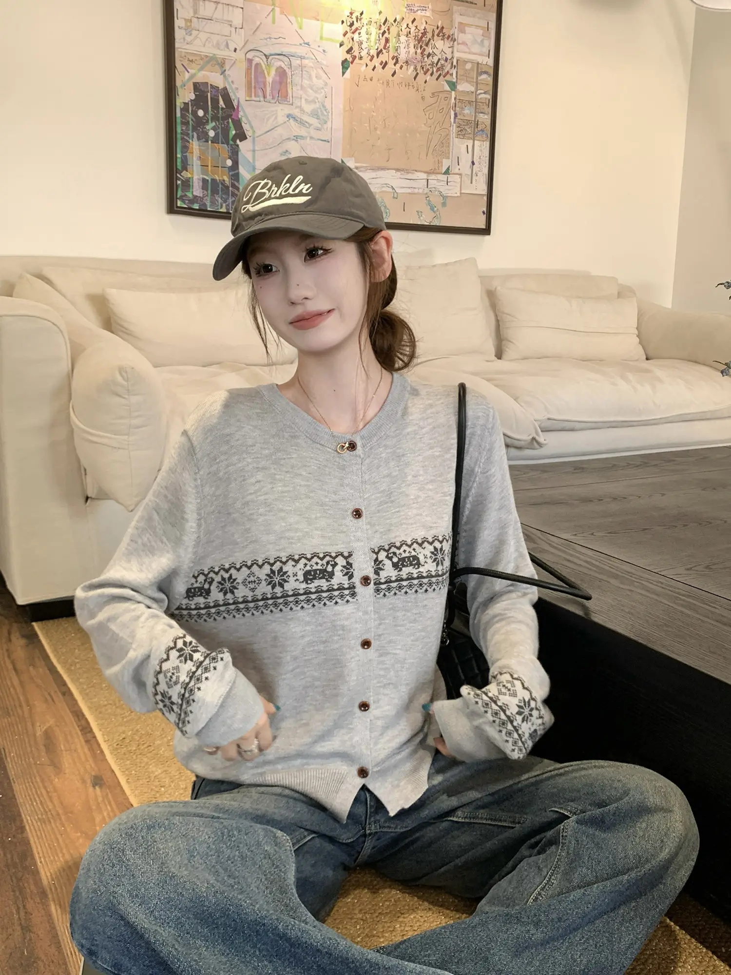 자카드 니트 단추 카디건 상세 이미지 30