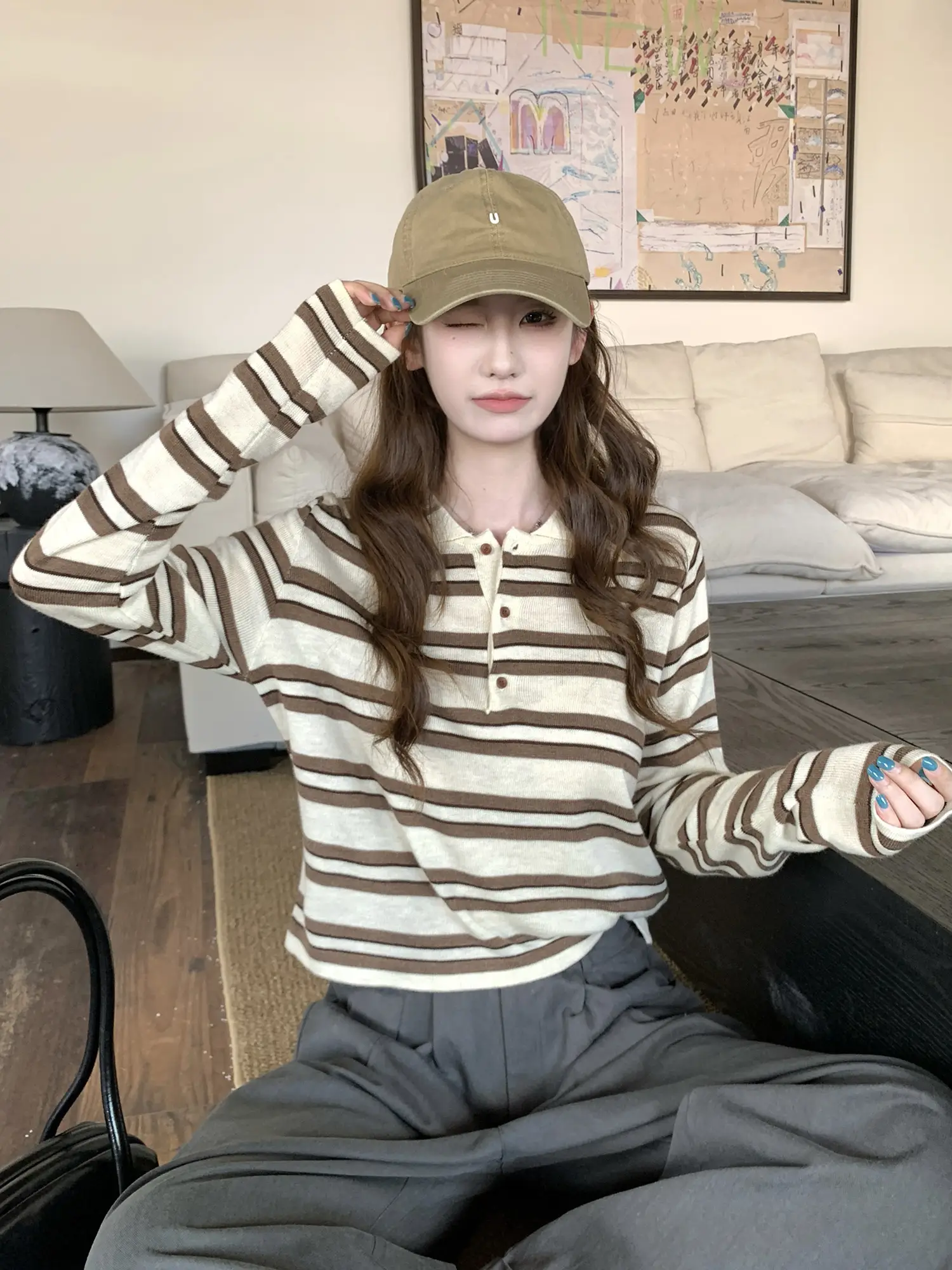 폴로 칼라 배색 스트라이프 니트 상세 이미지 7