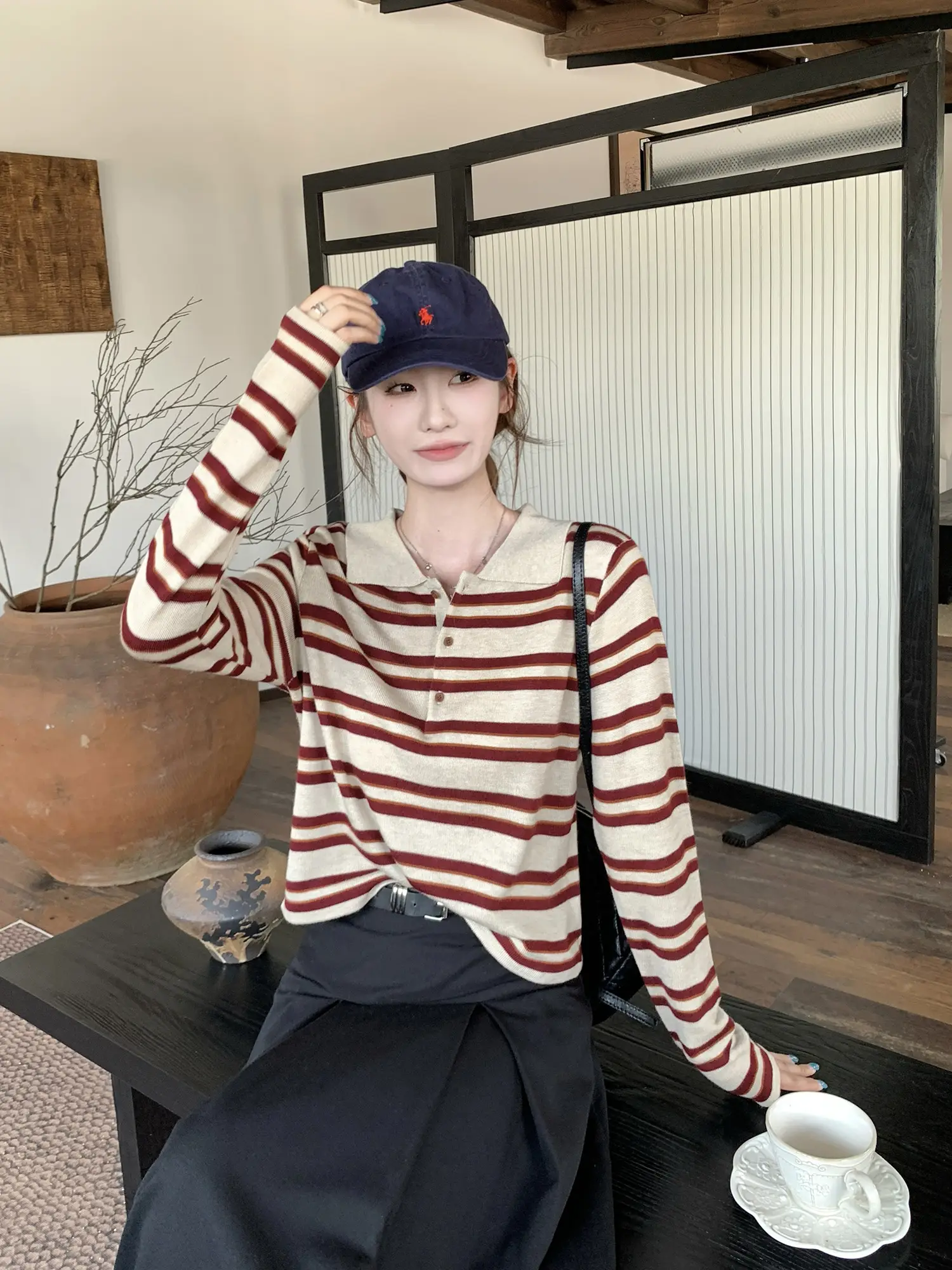 폴로 칼라 배색 스트라이프 니트 상세 이미지 19