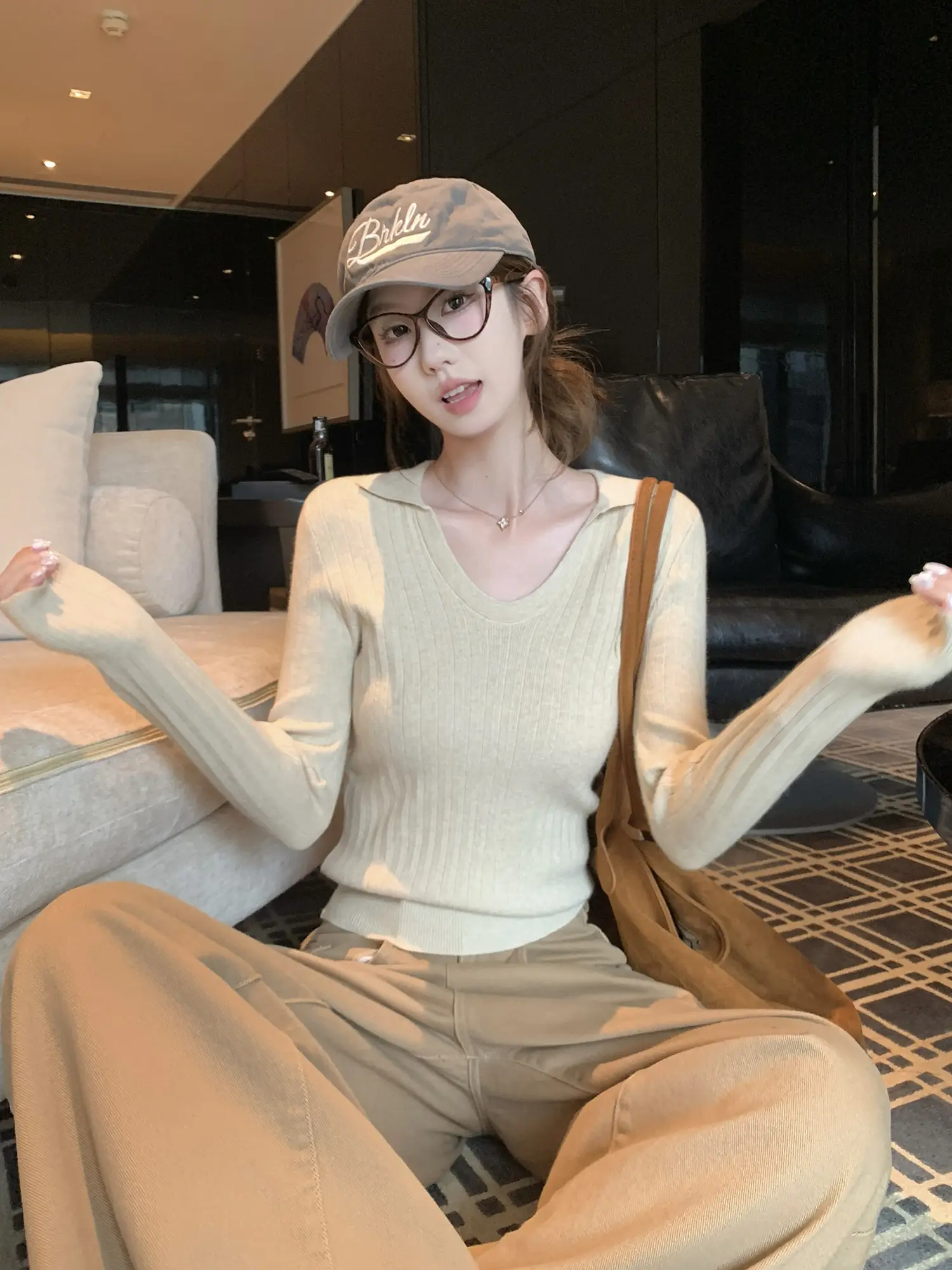 골지 폴드 칼라 U넥 슬림 니트 상세 이미지 35