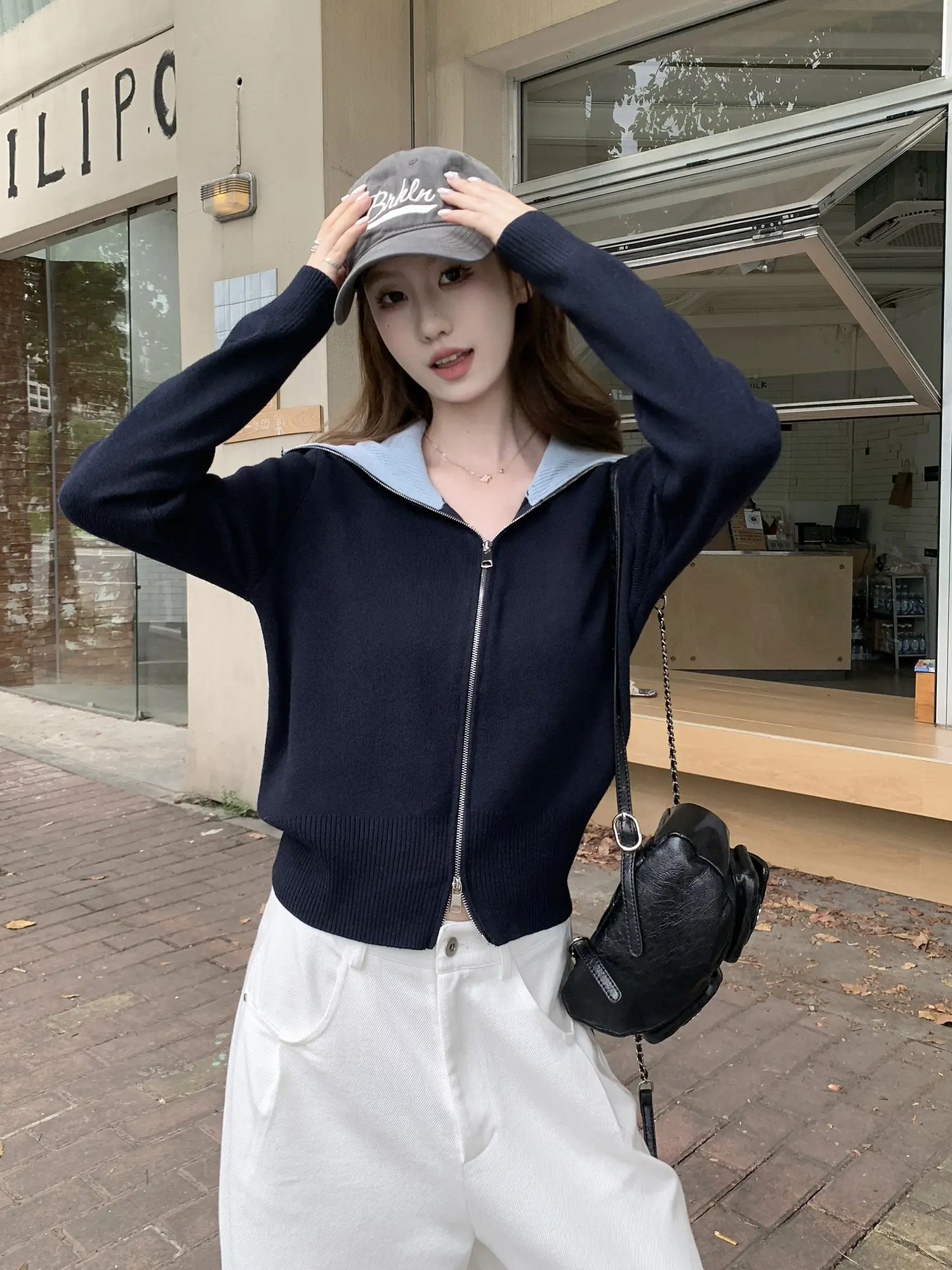 컬러 배색 폴드 칼라 지퍼 니트 카디건 상세 이미지 8