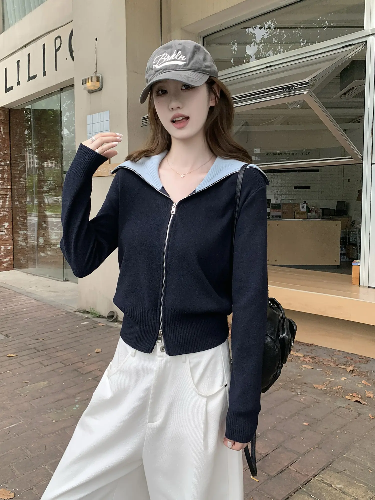 컬러 배색 폴드 칼라 지퍼 니트 카디건 상세 이미지 9