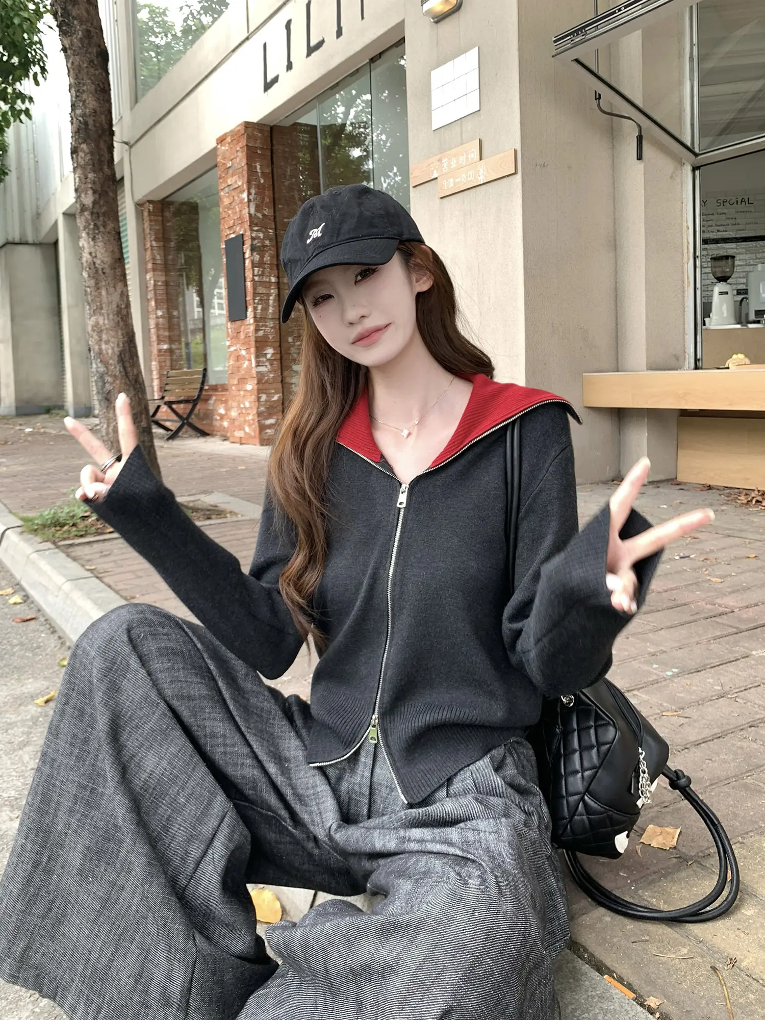 컬러 배색 폴드 칼라 지퍼 니트 카디건 상세 이미지 16