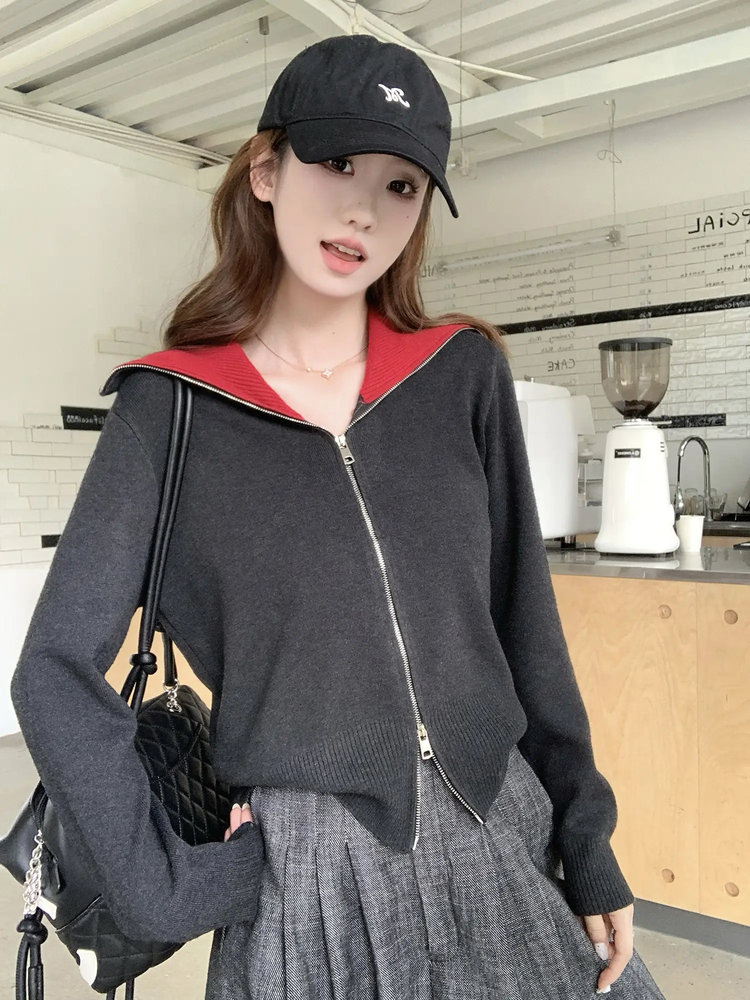 컬러 배색 폴드 칼라 지퍼 니트 카디건 상세 이미지 21