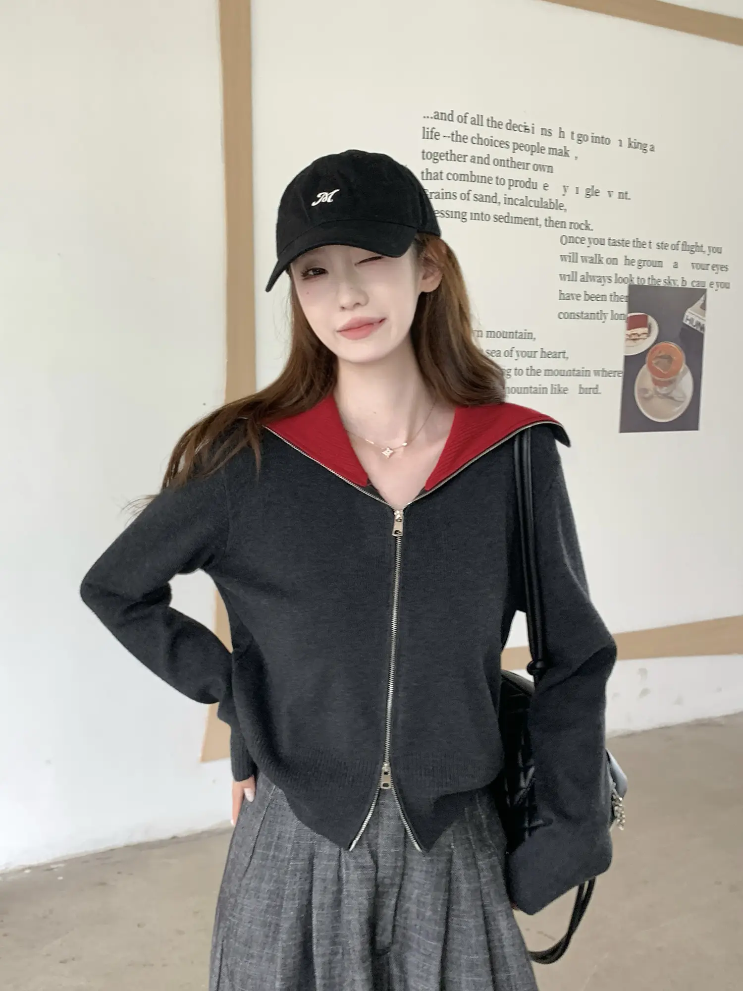 컬러 배색 폴드 칼라 지퍼 니트 카디건 상세 이미지 23