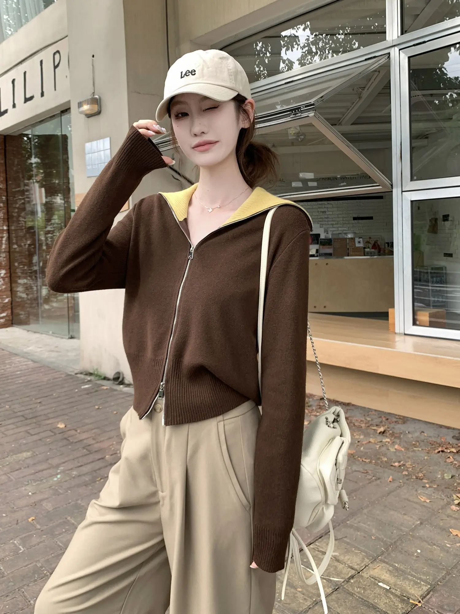 컬러 배색 폴드 칼라 지퍼 니트 카디건 상세 이미지 28