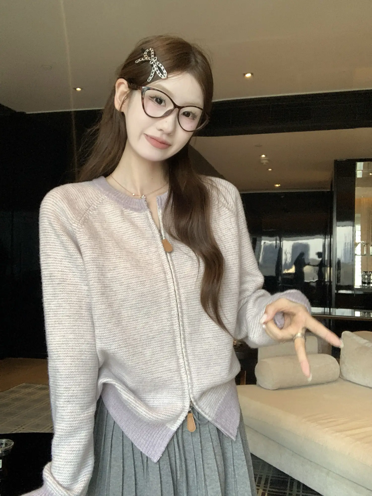 배색 스트라이프 라운드넥 니트 카디건 상세 이미지 27