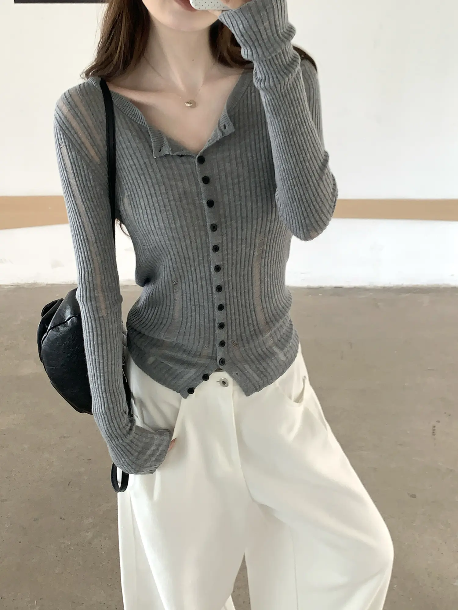 프렌치 그레이 오픈 니트 카디건