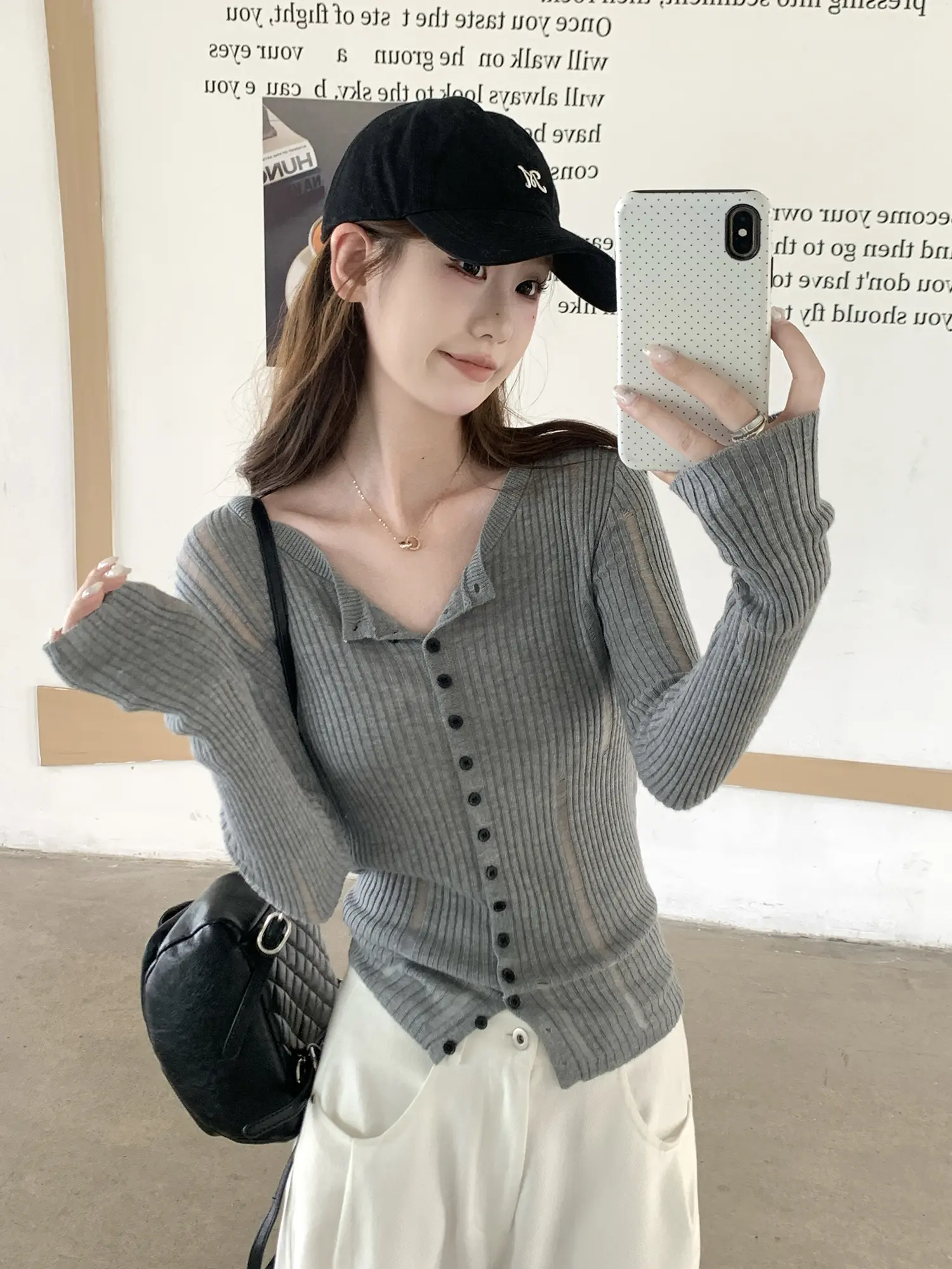 프렌치 그레이 오픈 니트 카디건 상세 이미지 3