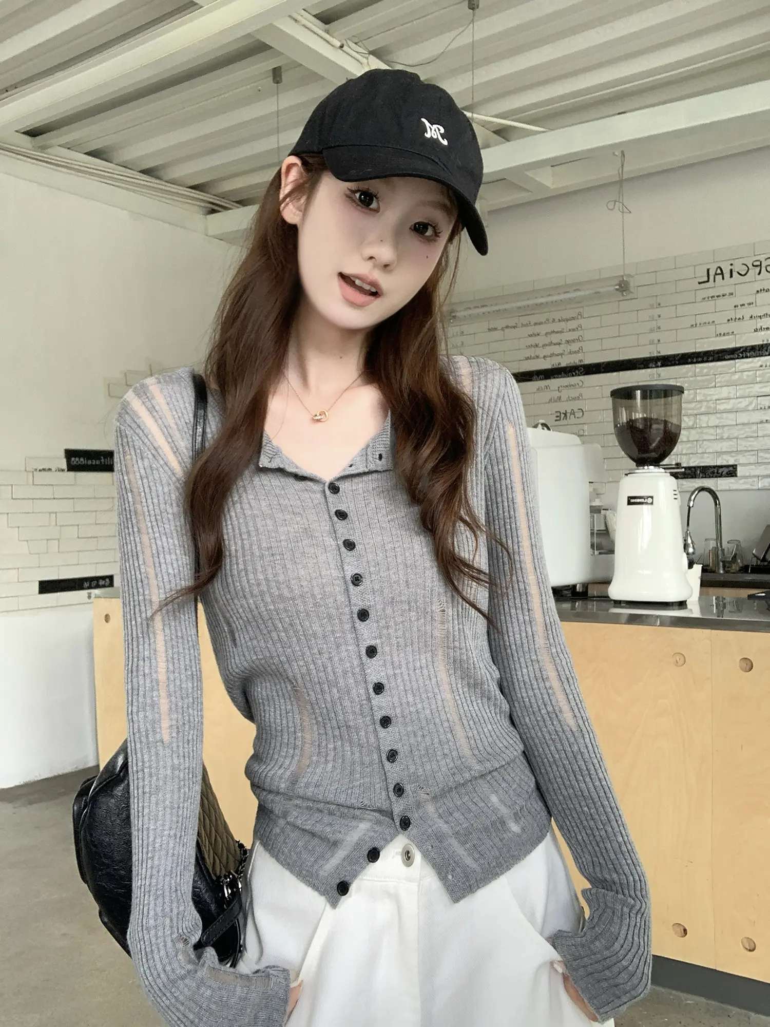프렌치 그레이 오픈 니트 카디건 상세 이미지 4