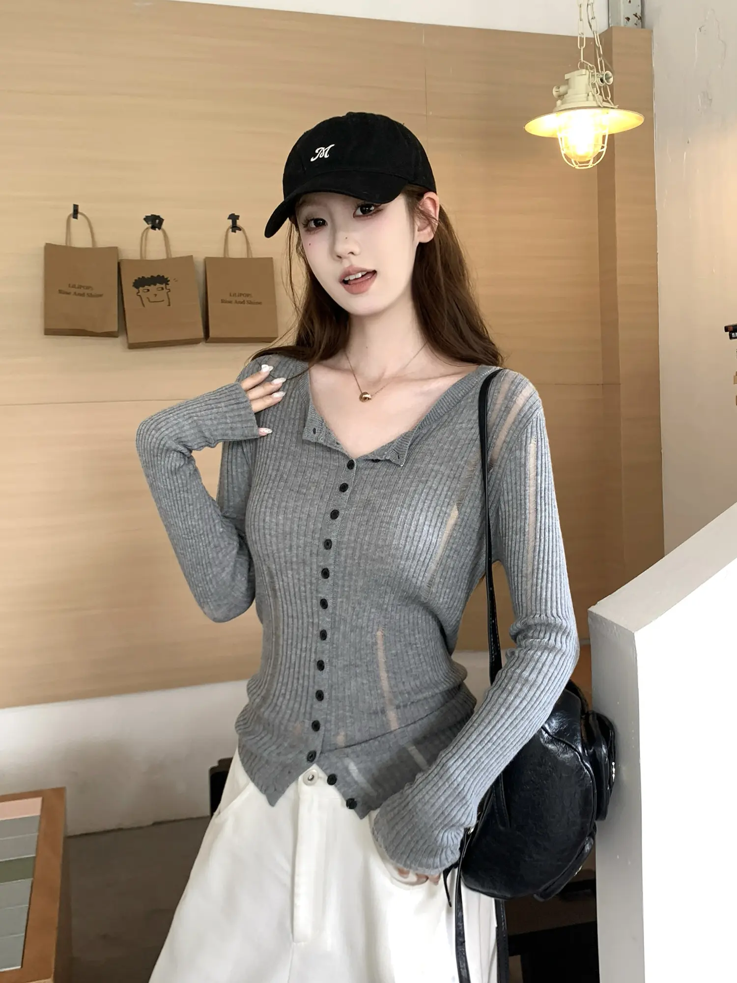 프렌치 그레이 오픈 니트 카디건 상세 이미지 5